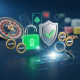 Digital interface representing online casino research with security icons, a magnifying glass, and abstract casino elements, symbolizing safe gaming verification before making a deposit.