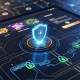 Digital interface of a secure online casino platform featuring a prominent shield icon, generic game thumbnails, and secure transaction symbols, embodying player protection and trust.